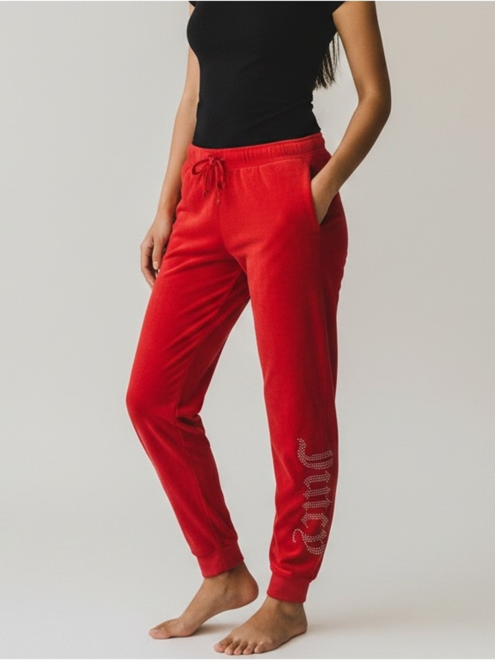 Y2K JUICY COUTURE Red Jogger with Rhinestone Logo on Leg
